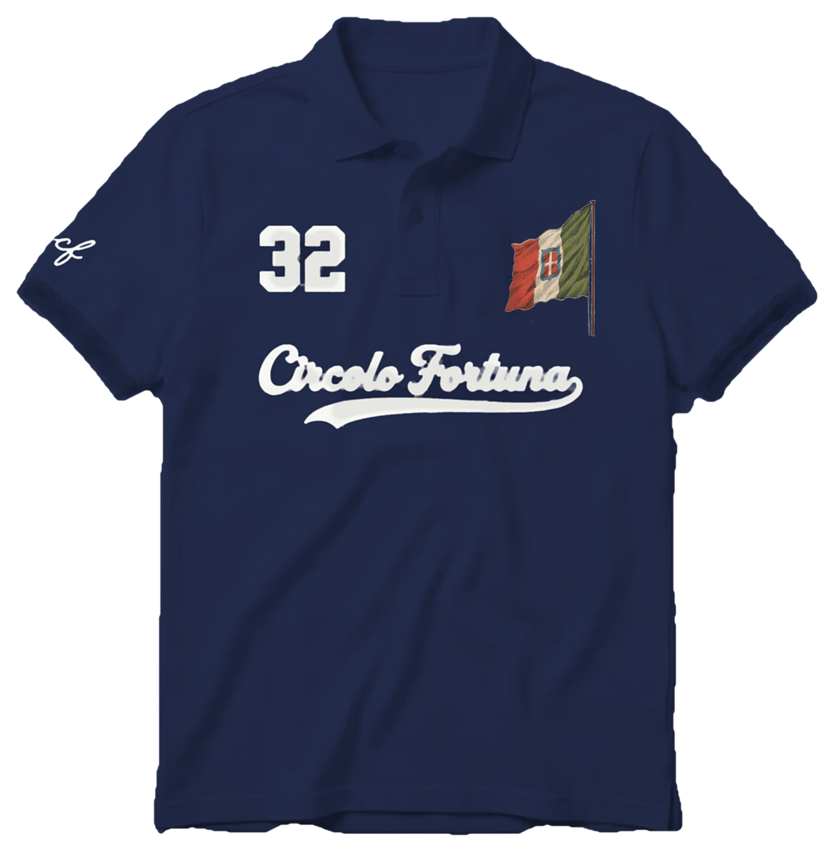'32' Founders Polo in navy with white lettering and Italian flag
