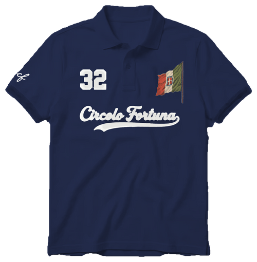 '32' Founders Polo in navy with white lettering and Italian flag