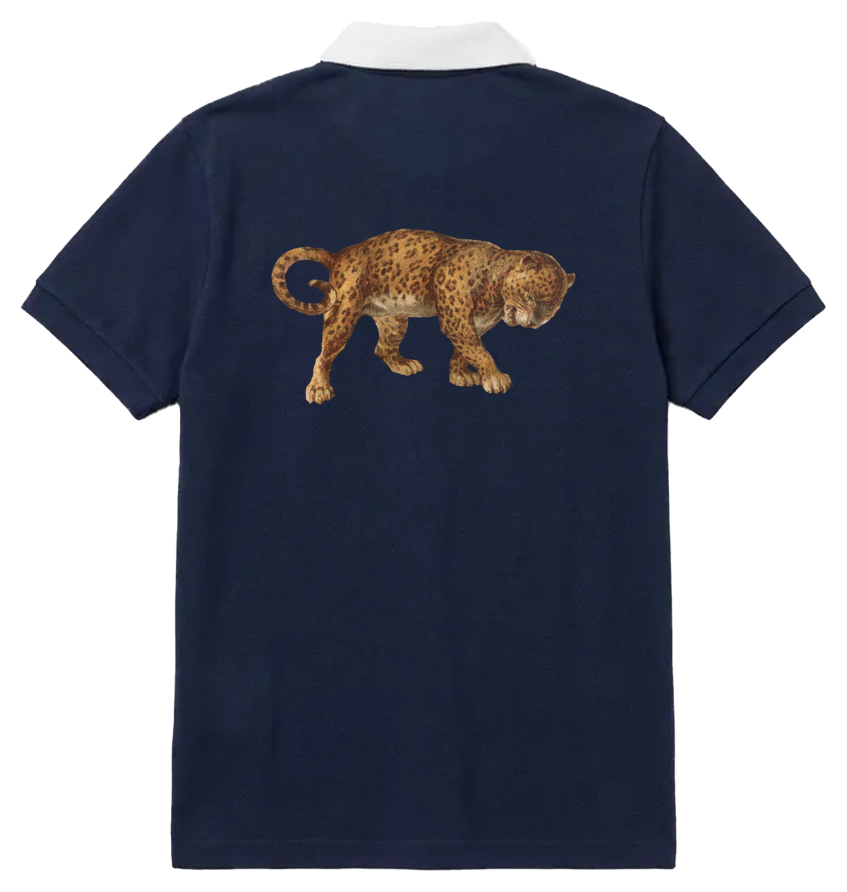 'LEOPARD' navy polo with white collar, back view with a colour leopard print
