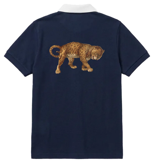 'LEOPARD' navy polo with white collar, back view with a colour leopard print