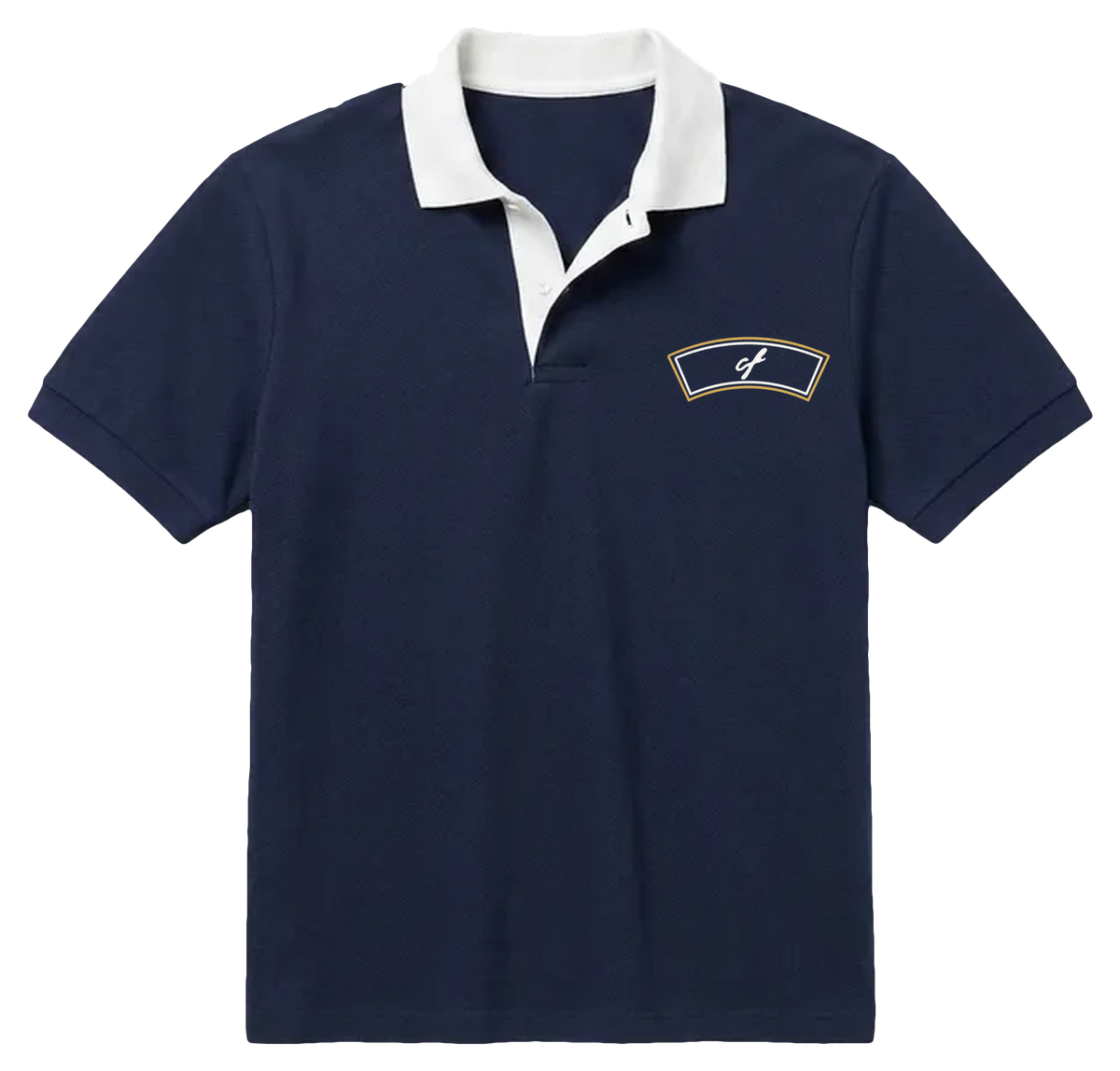 'LEOPARD' navy polo, front view with the white collar worn open and the arched cf label in white and gold on the chest