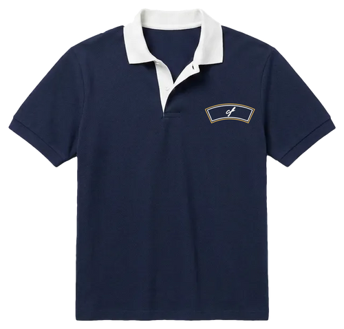 'LEOPARD' navy polo, front view with the white collar worn open and the arched cf label in white and gold on the chest